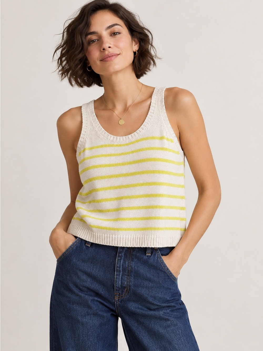 Evereve Cream & Yellow Stripe Cotton Sweater Tank Size S